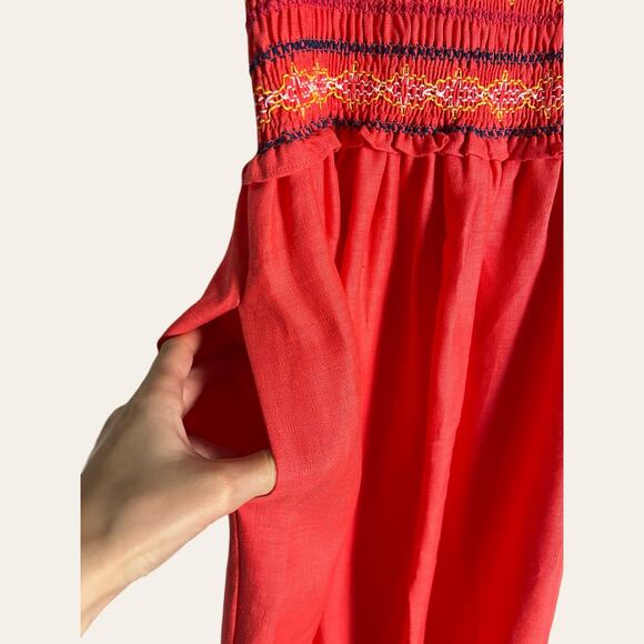 Cara Cara NYC Jenny Hibiscus Linen Smocked Tie Shoulder Midi Dress Size S - Picture 14 of 16